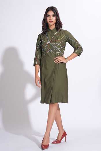 Buy_Shruti S_Olive Green Cotton Mandarin Collar Sequin Embroidered Dress _Online_at_Aza_Fashions