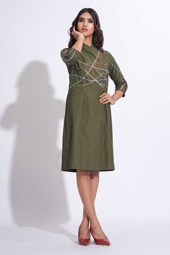 Shop_Shruti S_Olive Green Cotton Mandarin Collar Sequin Embroidered Dress _Online_at_Aza_Fashions
