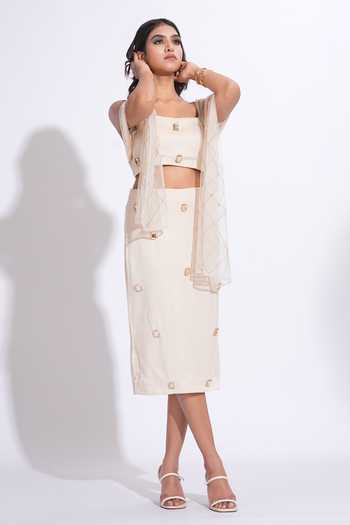 Shruti S_Off White Satin, Net Square Neck Hand Embroidered Top Skirt Set _Online_at_Aza_Fashions