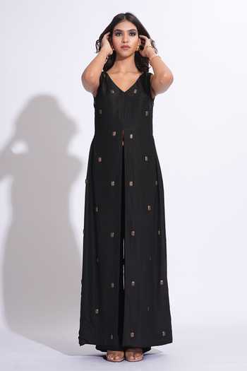 Shruti S_Black Silk, Satin V-neck Hand Embroidered Kurta And Palazzo Set _Online_at_Aza_Fashions