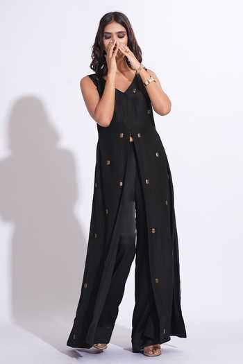 Buy_Shruti S_Black Silk, Satin V-neck Hand Embroidered Kurta And Palazzo Set _Online_at_Aza_Fashions