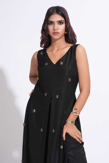 Shop_Shruti S_Black Silk, Satin V-neck Hand Embroidered Kurta And Palazzo Set _Online_at_Aza_Fashions