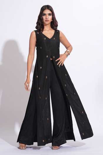 Shruti S_Black Silk, Satin V-neck Hand Embroidered Kurta And Palazzo Set _at_Aza_Fashions