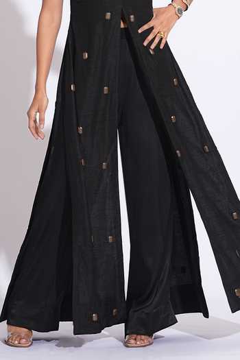 Buy_Shruti S_Black Silk, Satin V-neck Hand Embroidered Kurta And Palazzo Set 