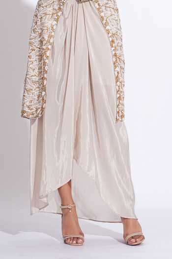 Shruti S_Grey Silk, Crepe Mandarin Collar Embroidered Jacket And Skirt Set _Online_at_Aza_Fashions