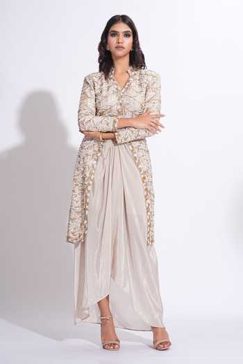 Shop_Shruti S_Grey Silk, Crepe Mandarin Collar Embroidered Jacket And Skirt Set _Online_at_Aza_Fashions