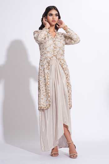 Shruti S_Grey Silk, Crepe Mandarin Collar Embroidered Jacket And Skirt Set _at_Aza_Fashions