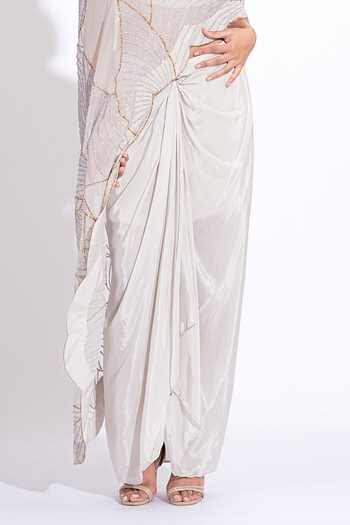 Shruti S_Grey Organza, Silk, Crepe One Shoulder Upcycled Sequins Cape Skirt Set _Online_at_Aza_Fashions