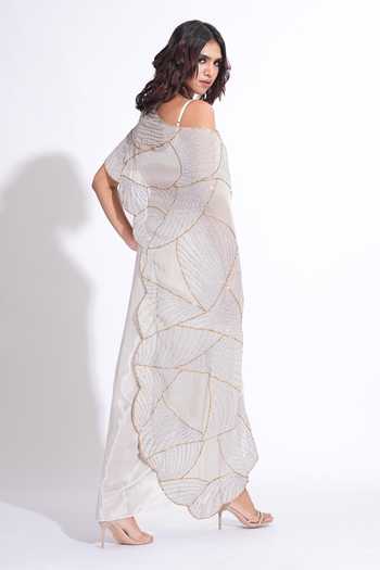 Buy_Shruti S_Grey Organza, Silk, Crepe One Shoulder Upcycled Sequins Cape Skirt Set _Online_at_Aza_Fashions