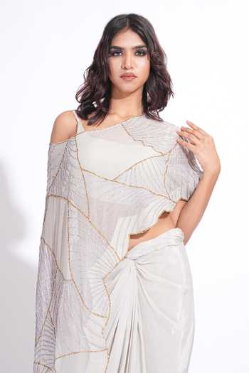 Shop_Shruti S_Grey Organza, Silk, Crepe One Shoulder Upcycled Sequins Cape Skirt Set _Online_at_Aza_Fashions