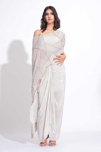 Shruti S_Grey Organza, Silk, Crepe One Shoulder Upcycled Sequins Cape Skirt Set _at_Aza_Fashions