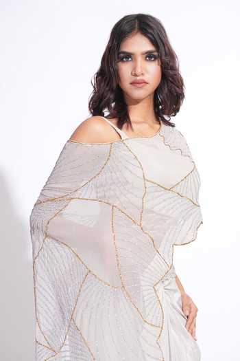 Buy_Shruti S_Grey Organza, Silk, Crepe One Shoulder Upcycled Sequins Cape Skirt Set 