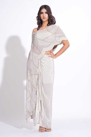 Shop_Shruti S_Grey Organza, Silk, Crepe One Shoulder Upcycled Sequins Cape Skirt Set 