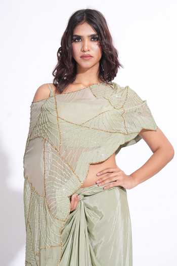 Shruti S_Green Organza, Silk, Crepe Asymmetric, One Up-cycled Sequin Cape Skirt Set _Online_at_Aza_Fashions