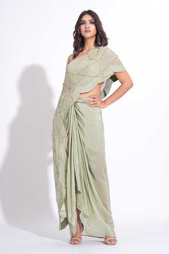 Buy_Shruti S_Green Organza, Silk, Crepe Asymmetric, One Up-cycled Sequin Cape Skirt Set _Online_at_Aza_Fashions