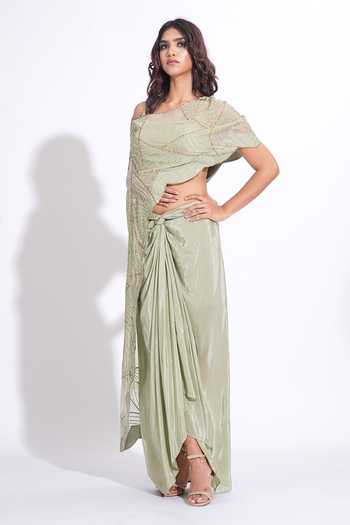 Shop_Shruti S_Green Organza, Silk, Crepe Asymmetric, One Up-cycled Sequin Cape Skirt Set _Online_at_Aza_Fashions