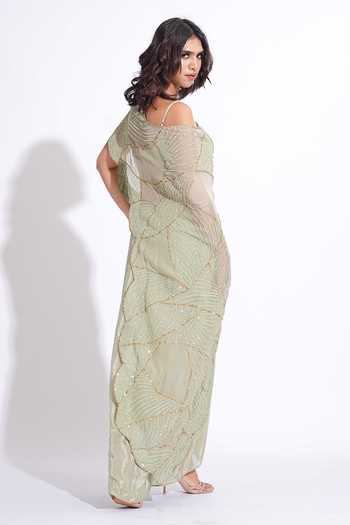 Shruti S_Green Organza, Silk, Crepe Asymmetric, One Up-cycled Sequin Cape Skirt Set _at_Aza_Fashions