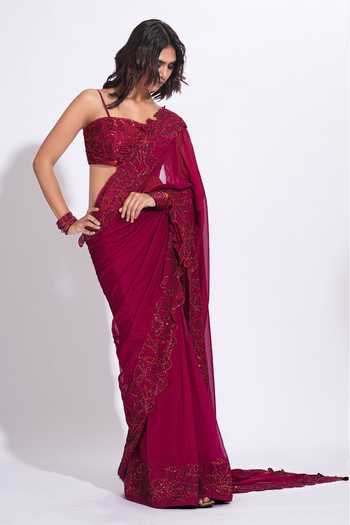 Shruti S_Maroon Organza, Silk Sweetheart Neck Sequins Pre-draped Saree And Blouse Set _Online_at_Aza_Fashions