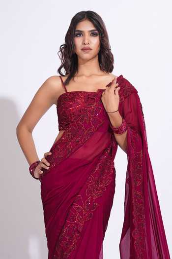 Buy_Shruti S_Maroon Organza, Silk Sweetheart Neck Sequins Pre-draped Saree And Blouse Set _Online_at_Aza_Fashions