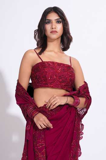 Shop_Shruti S_Maroon Organza, Silk Sweetheart Neck Sequins Pre-draped Saree And Blouse Set _Online_at_Aza_Fashions