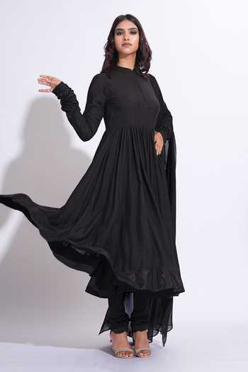 Shruti S_Black Cotton, Georgette Mandarin Collar Mul Anarkali Set _Online_at_Aza_Fashions