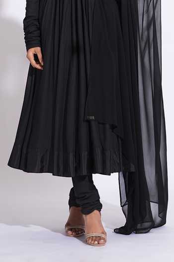 Buy_Shruti S_Black Cotton, Georgette Mandarin Collar Mul Anarkali Set _Online_at_Aza_Fashions