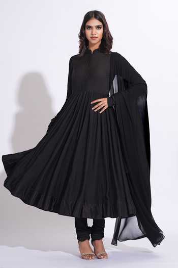 Shop_Shruti S_Black Cotton, Georgette Mandarin Collar Mul Anarkali Set _Online_at_Aza_Fashions