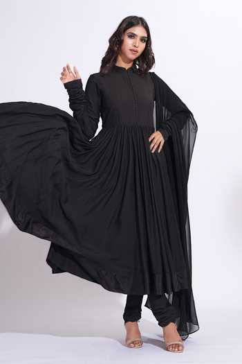 Shruti S_Black Cotton, Georgette Mandarin Collar Mul Anarkali Set _at_Aza_Fashions