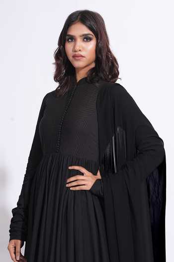 Buy_Shruti S_Black Cotton, Georgette Mandarin Collar Mul Anarkali Set 