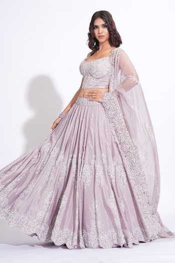 Shruti S_Pink Silk, Organza Sweetheart Neck Upcycled Sequin Lehenga Set _Online_at_Aza_Fashions
