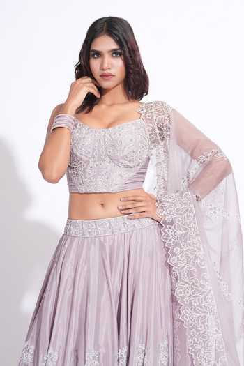 Buy_Shruti S_Pink Silk, Organza Sweetheart Neck Upcycled Sequin Lehenga Set _Online_at_Aza_Fashions