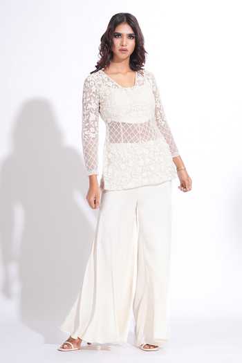 Buy_Shruti S_Off White Net, , Silk Scoop Neck, Hand Work Embroidered Kurta Set _Online_at_Aza_Fashions