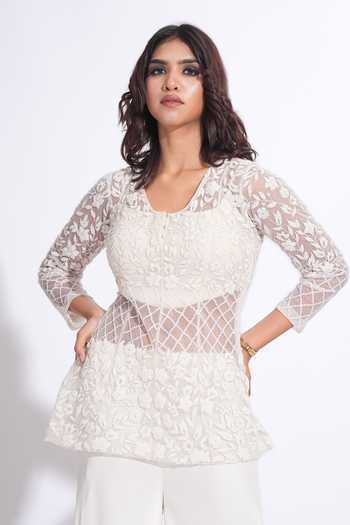 Shruti S_Off White Net, , Silk Scoop Neck, Hand Work Embroidered Kurta Set _at_Aza_Fashions