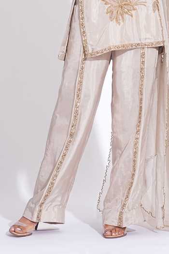Shop_Shruti S_Grey Silk, Kota Doria Keyhole Neck, Yes Hand Work Kurta Set _Online_at_Aza_Fashions