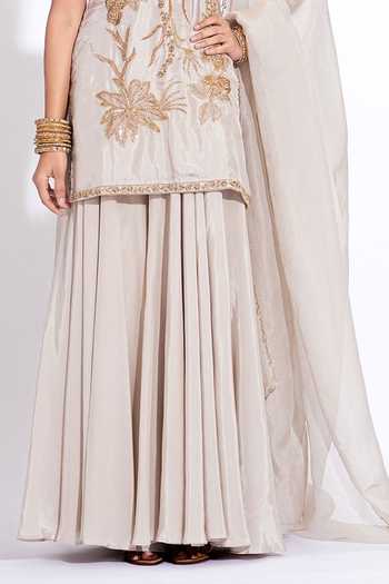 Shruti S_Grey Silk, Crepe, Organza Keyhole Neck Embroidered Kurta Sharara Set _Online_at_Aza_Fashions