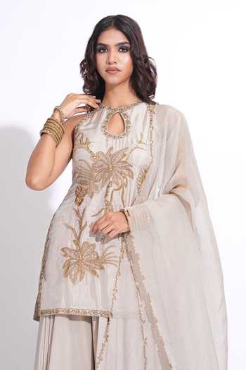 Buy_Shruti S_Grey Silk, Crepe, Organza Keyhole Neck Embroidered Kurta Sharara Set _Online_at_Aza_Fashions
