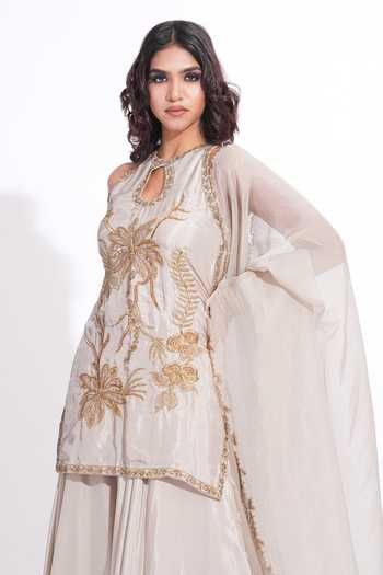 Shop_Shruti S_Grey Silk, Crepe, Organza Keyhole Neck Embroidered Kurta Sharara Set _Online_at_Aza_Fashions
