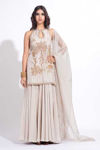 Shruti S_Grey Silk, Crepe, Organza Keyhole Neck Embroidered Kurta Sharara Set _at_Aza_Fashions