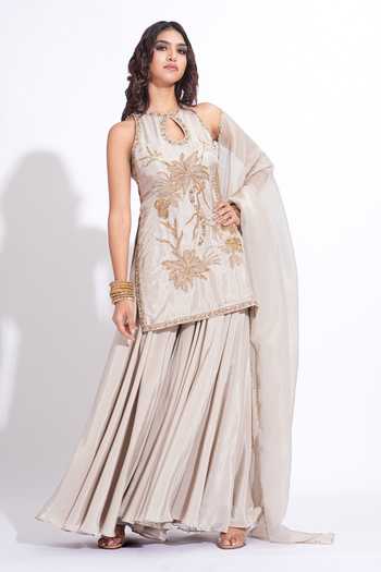 Buy_Shruti S_Grey Silk, Crepe, Organza Keyhole Neck Embroidered Kurta Sharara Set 