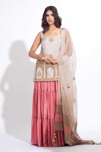 Shruti S_Taupe Silk, Organza Square Neck, Yes Hand Work Kurta Set _Online_at_Aza_Fashions