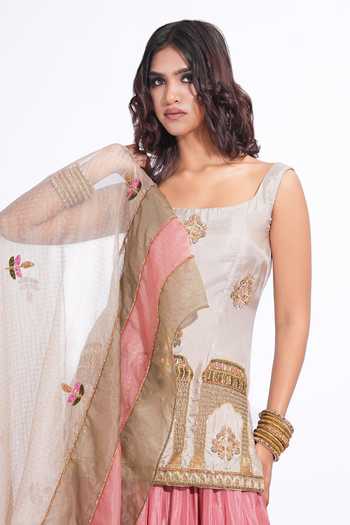 Shop_Shruti S_Taupe Silk, Organza Square Neck, Yes Hand Work Kurta Set _Online_at_Aza_Fashions