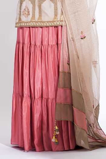 Shruti S_Taupe Silk, Organza Square Neck, Yes Hand Work Kurta Set _at_Aza_Fashions