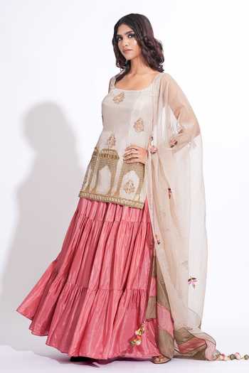 Buy_Shruti S_Taupe Silk, Organza Square Neck, Yes Hand Work Kurta Set 