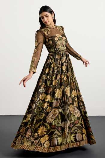 RI.Ritu Kumar_Olive Green Silk Round Neck Antique Floral Print Long Flared Dress _at_Aza_Fashions