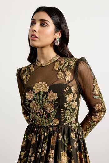 Buy_RI.Ritu Kumar_Olive Green Silk Round Neck Antique Floral Print Long Flared Dress 