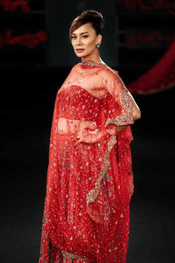 RI.Ritu Kumar_Red Silk, Dupion, Net, Polyester Avishikta Floral Embroidered Bridal Lehenga Set _Online_at_Aza_Fashions