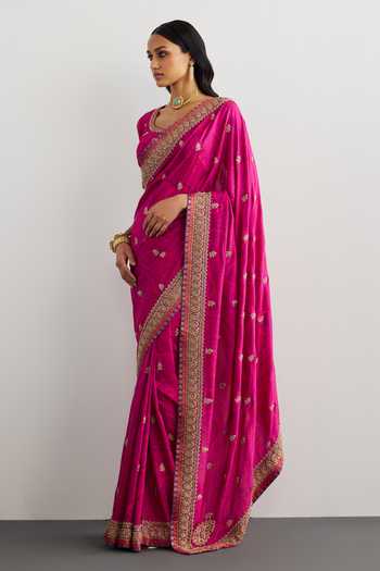 RI.Ritu Kumar_Fuchsia Silk, Dupion Brocade Jamawar Saree With Unstitched Blouse Piece _Online_at_Aza_Fashions