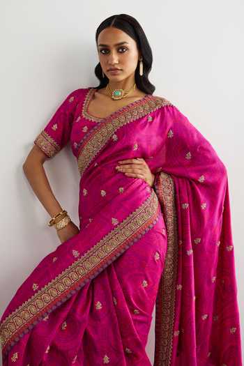 Buy_RI.Ritu Kumar_Fuchsia Silk, Dupion Brocade Jamawar Saree With Unstitched Blouse Piece _Online_at_Aza_Fashions