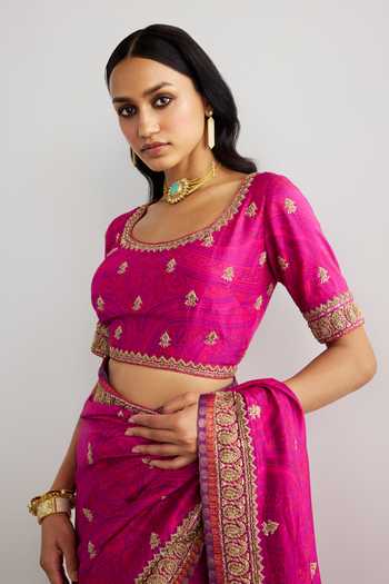 Shop_RI.Ritu Kumar_Fuchsia Silk, Dupion Brocade Jamawar Saree With Unstitched Blouse Piece _Online_at_Aza_Fashions