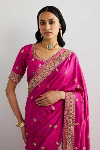 RI.Ritu Kumar_Fuchsia Silk, Dupion Brocade Jamawar Saree With Unstitched Blouse Piece _at_Aza_Fashions